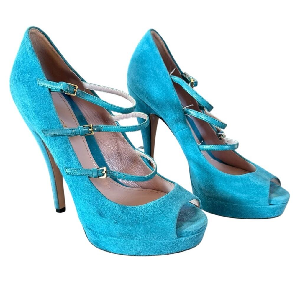 Gucci Lisbeth Platform Pumps Turquoise Suede Triple Strap Peep Toe EU 38 US 8